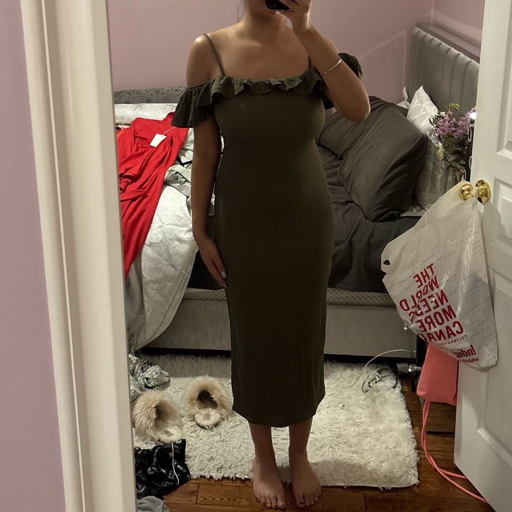 Mango Olive Green Off-Shoulder Dress